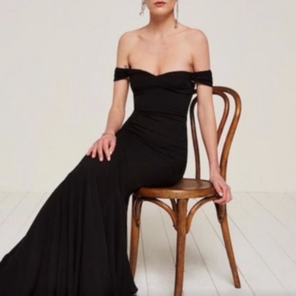 Reformation black tie wedding off shoulder gown